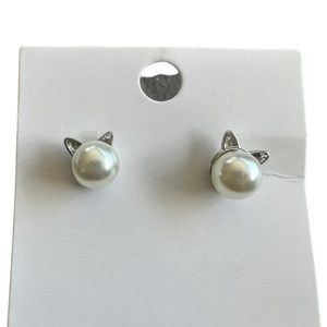 Silver with Pearl Cat Ears Stud Earrings